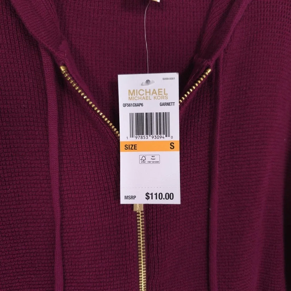 MICHAEL KORS Women's New Sweater SMALL Burgundy Hoodie Waffle Knit QF561C6AP6